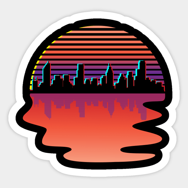 Retro Synthwave City Skyline Silhouette Glitch Art Design Sticker by Brobocop